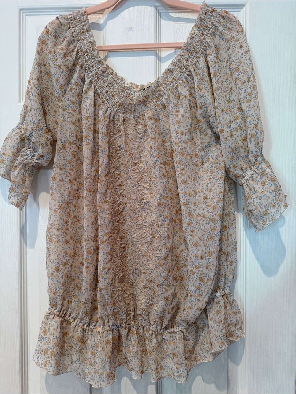 Free People Cream Floral Smocked Peasant Tunic